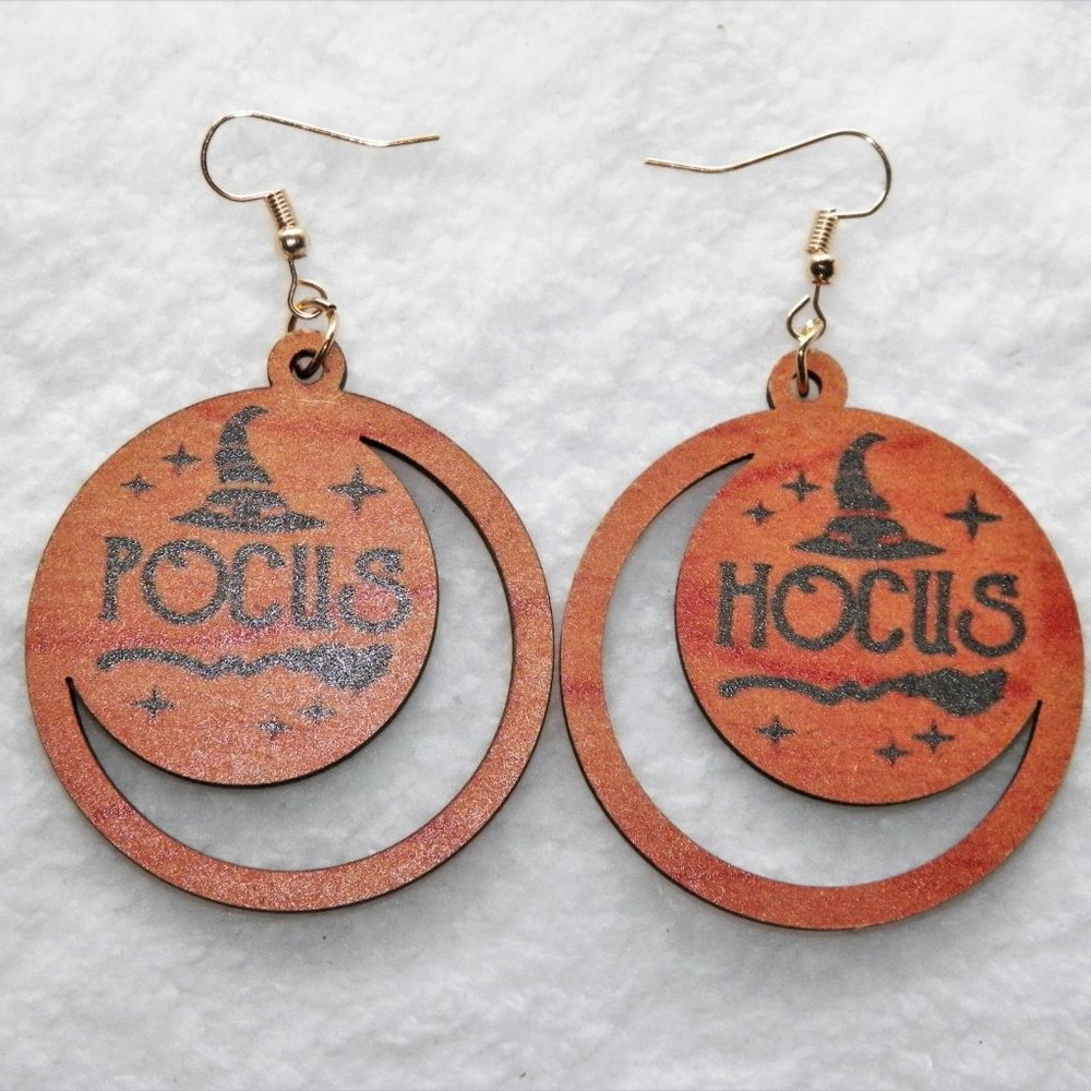 Halloween Witch Orange Wood Earrings 3 1/4" - Picture 3 of 6